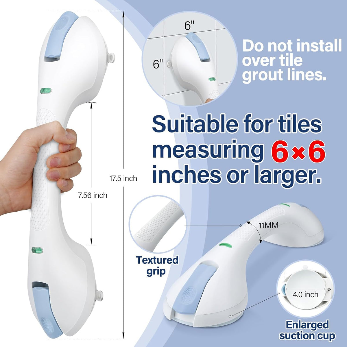 Suction Grab Bar 17.5", No Drill Removable, Shower Safety for Seniors